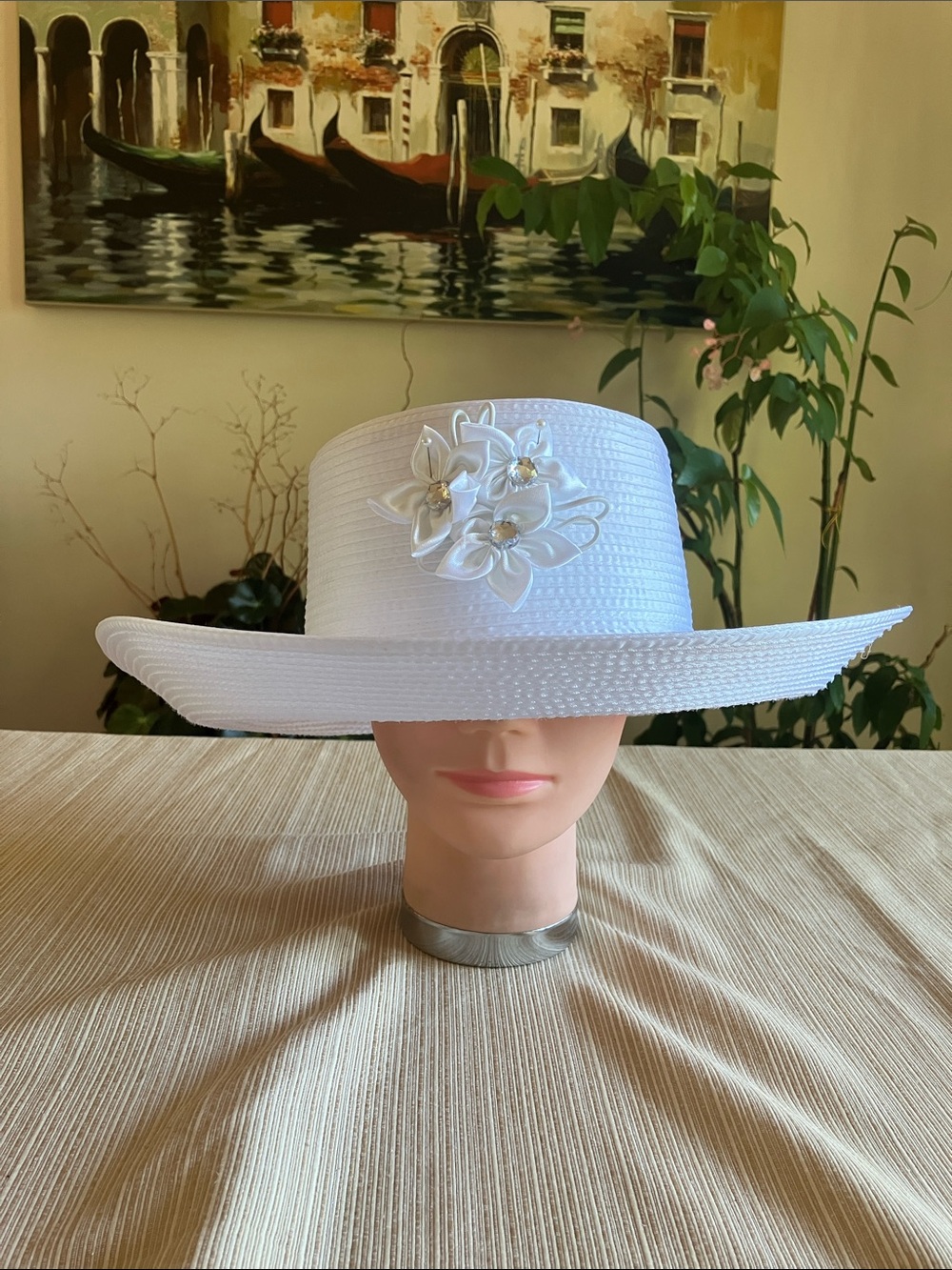 Elegant White Satin Ribbon Women's Hat With White Crystal Floral Accent